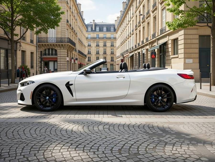 BMW Série 8 Cabriolet blanche, vue de profil capote ouverte