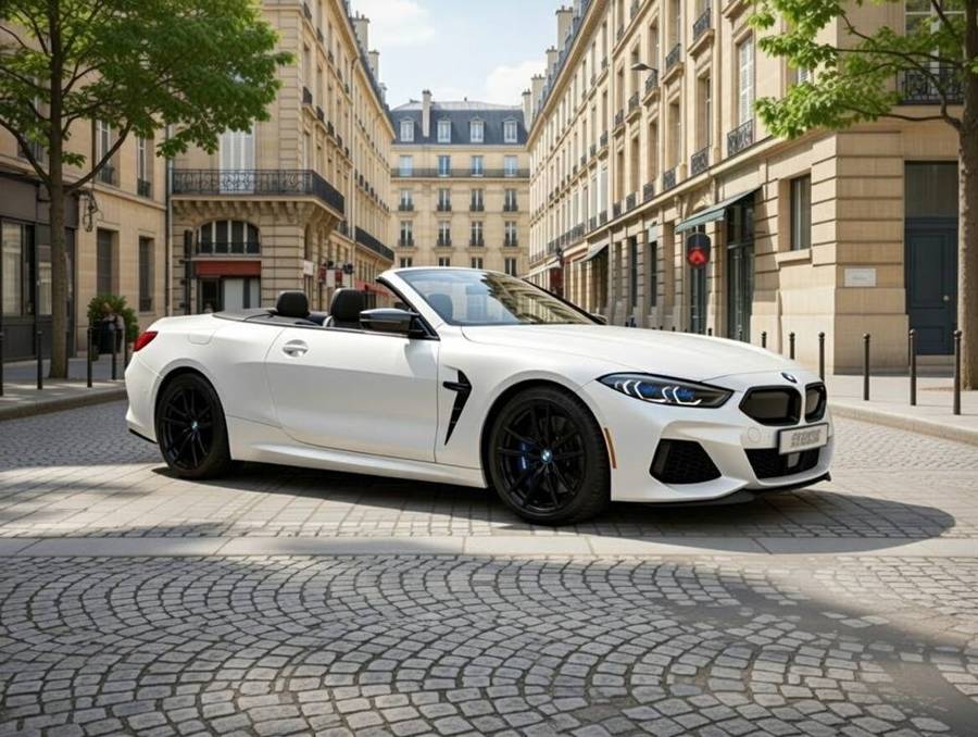 BMW Série 8 Cabriolet blanche, vue avant trois quarts