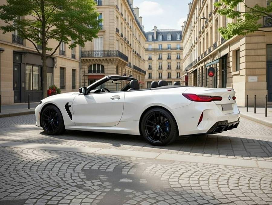 BMW Série 8 Cabriolet blanche, vue arrière trois quarts